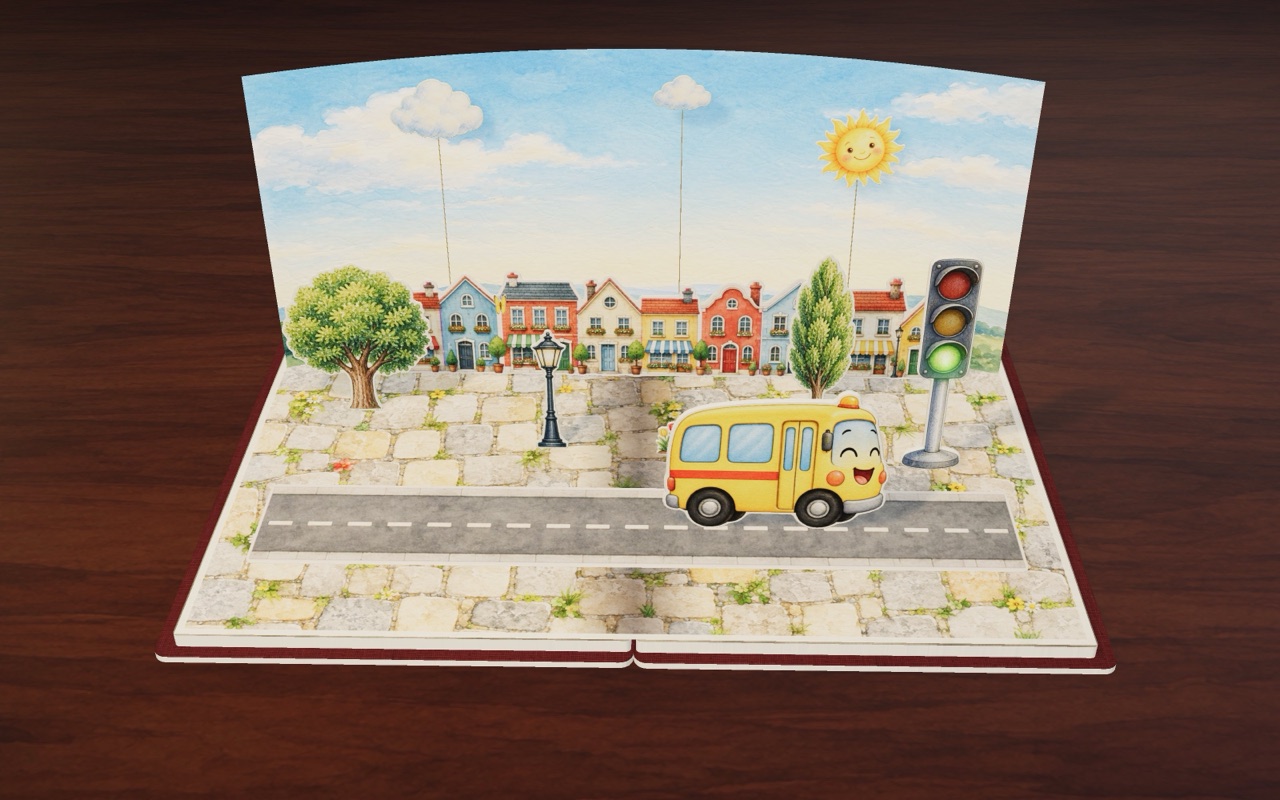 Beep the little yellow bus drives down a sunny town street by a traffic light.