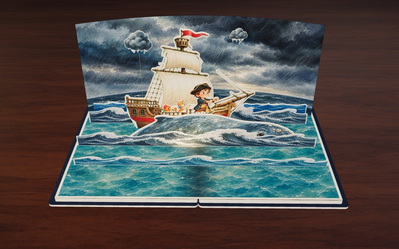 Blue the whale holds the pirate ship steady on her back in the storm.