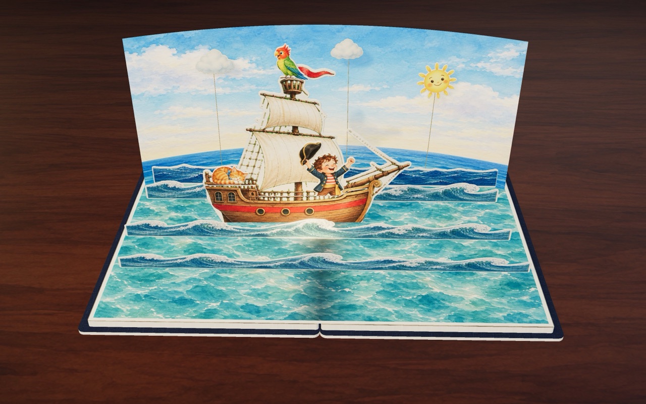 Captain Tom’s ship on a sunny sea.