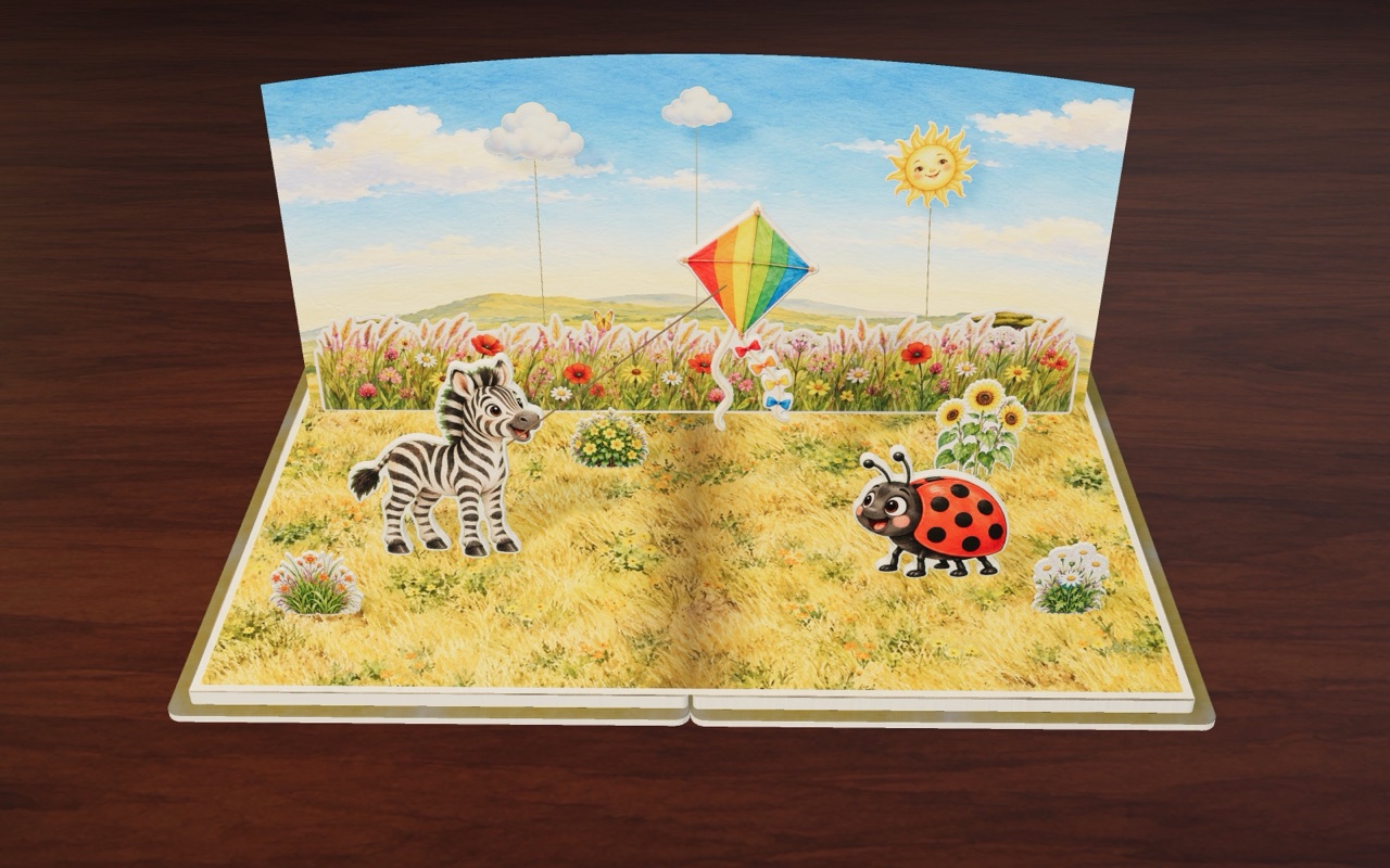 A rainbow-striped kite flies up over the flowers.