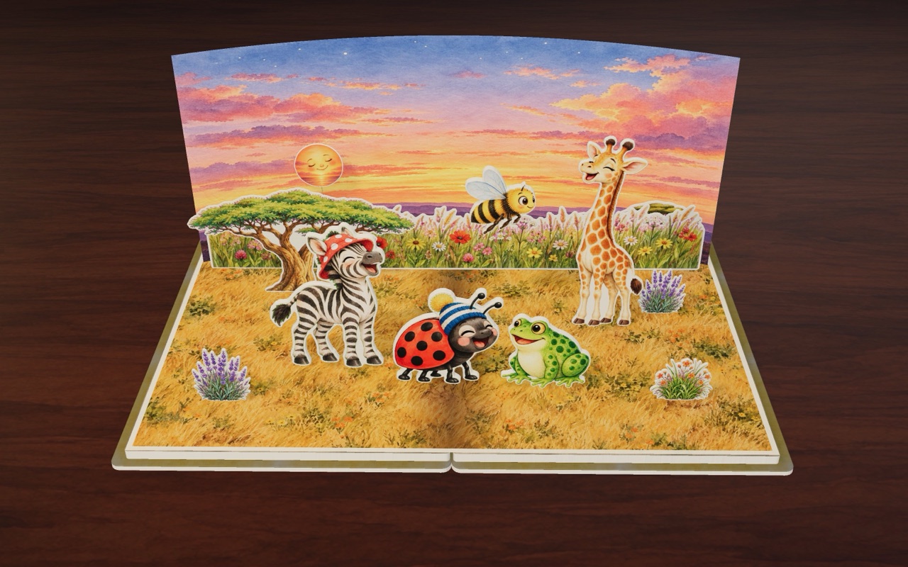 At sunset, Zee, Dot, the frog and the giraffe laugh together.
