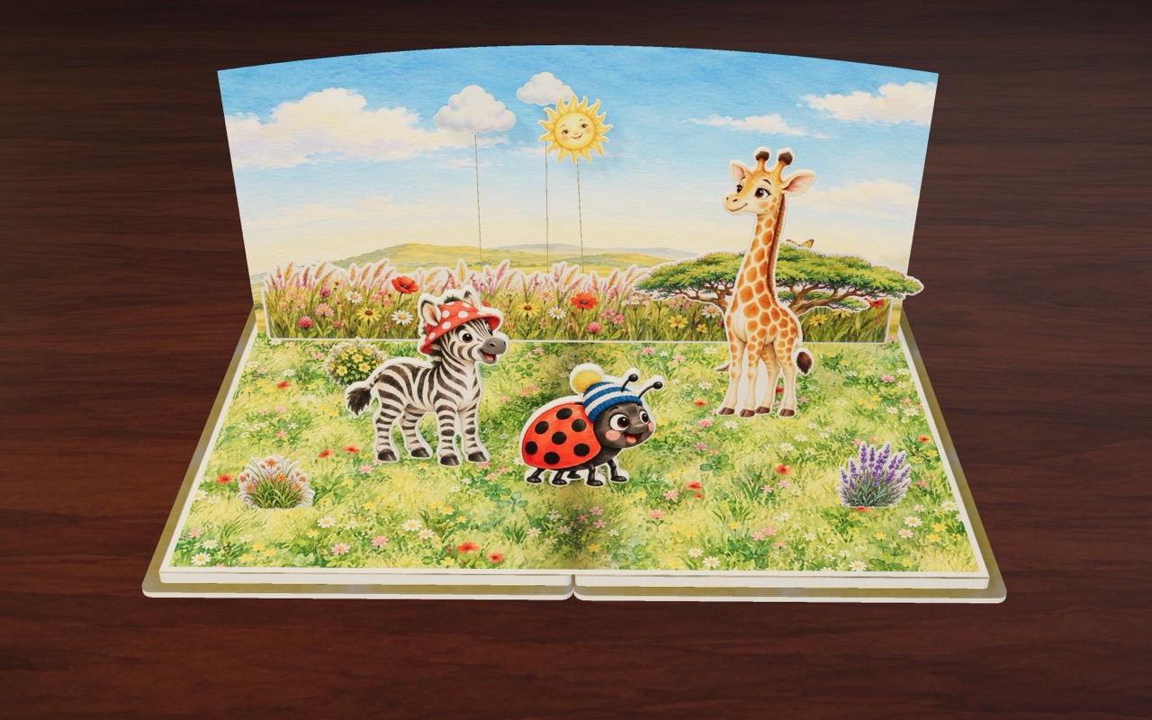 Zee the zebra in a dotty hat and Dot the ladybug in a striped hat in Stripes and Dots.