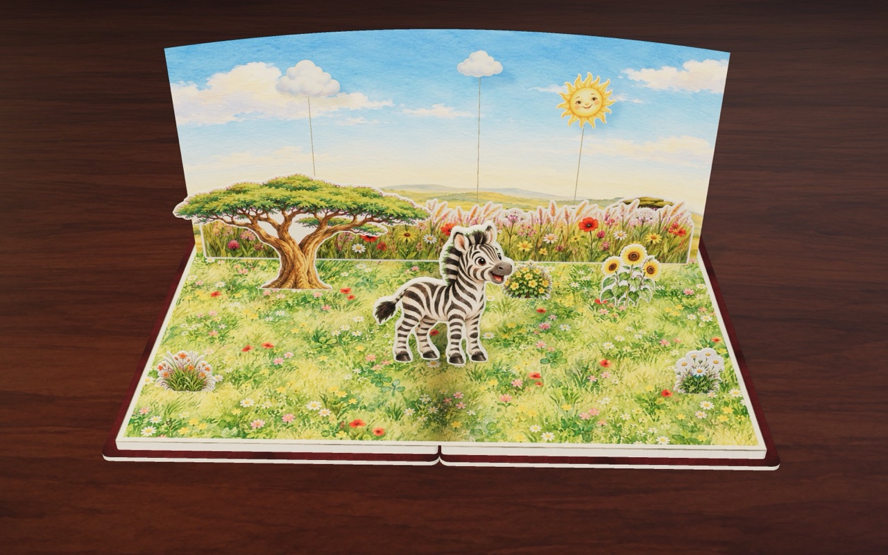 Zee the little zebra shows off its stripes in a sunny meadow.