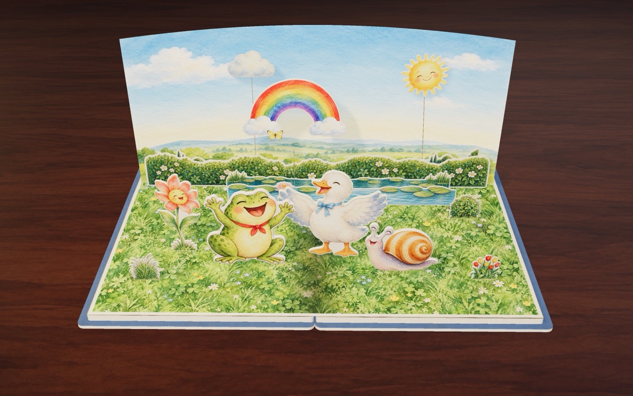 The sun comes back, and everyone looks up at a rainbow.