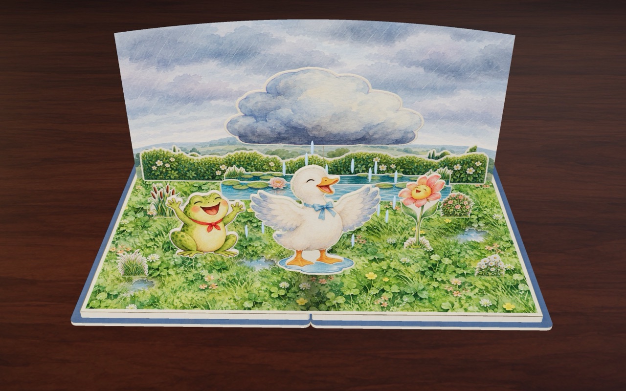 On a rainy day, the white duck splashes in a puddle in Sunny Day, Rainy Day.