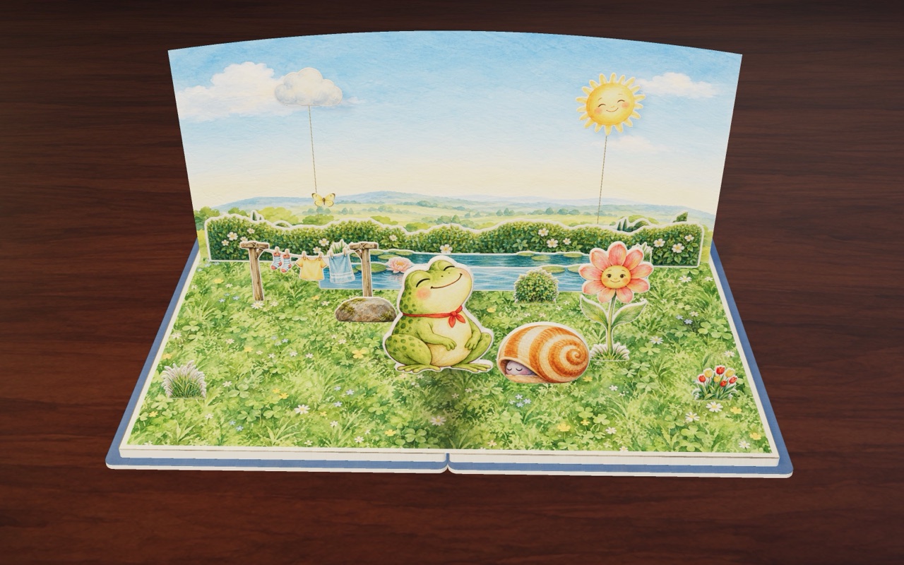 On a sunny day, Hoppy the little frog sits in the warm sun.
