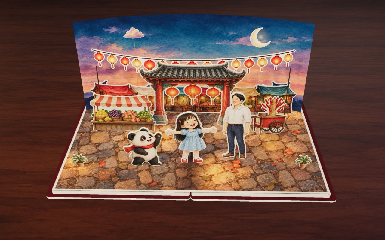 Mei, Dad and Panda arrive at the evening night market under red lanterns.