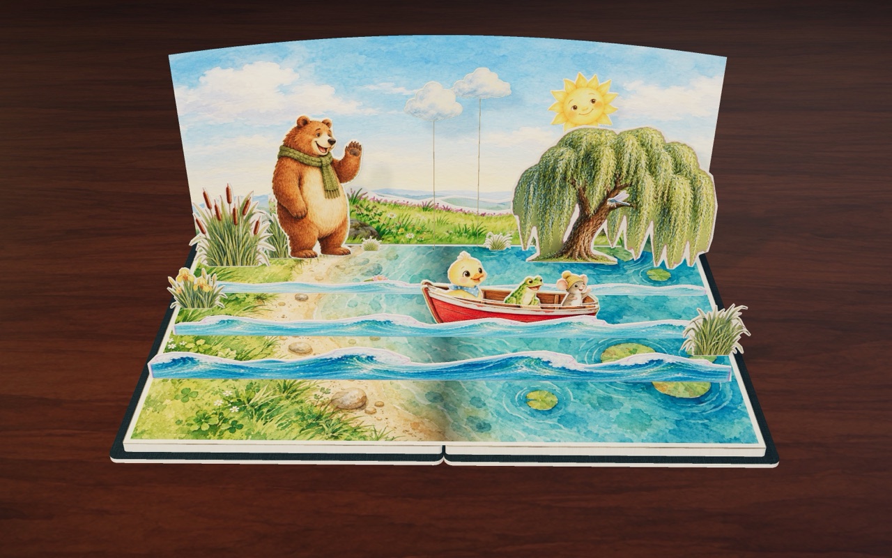 《Tilly and the Little Boat》里,很大的熊来到池塘边。