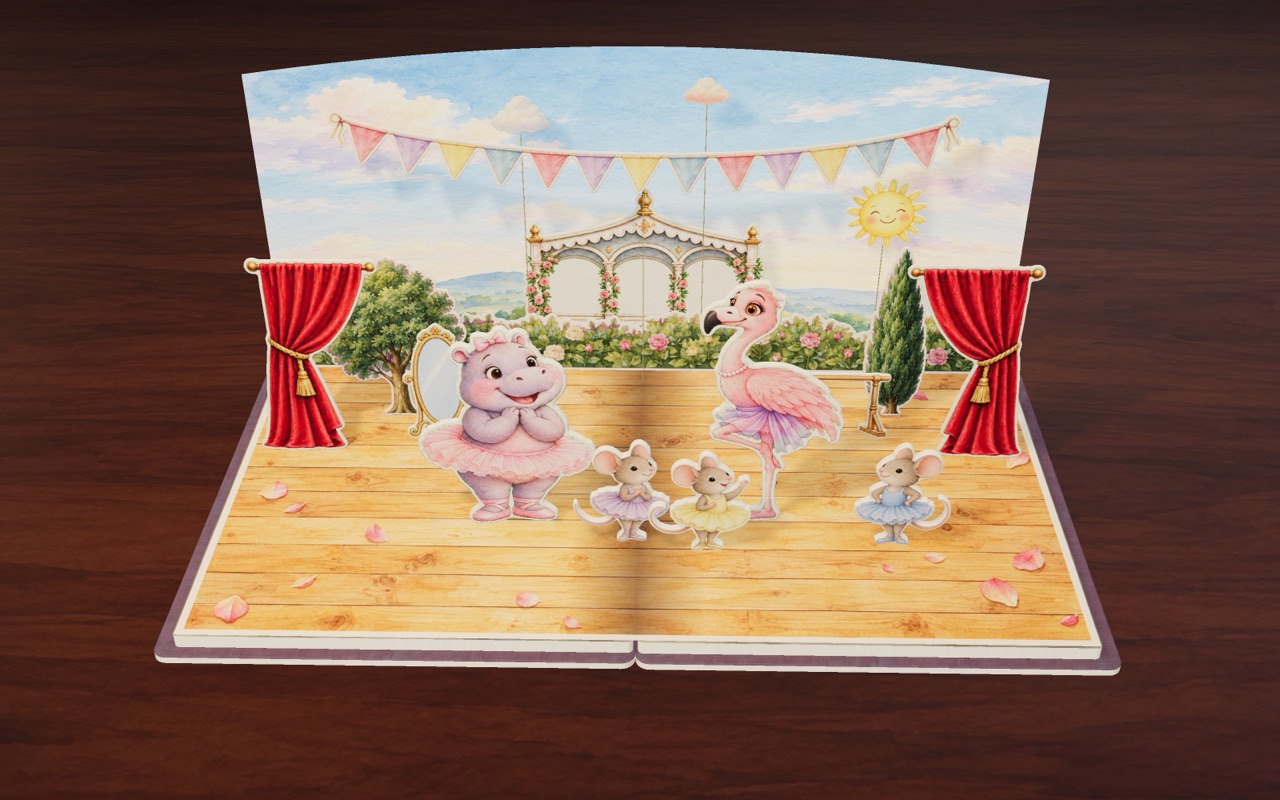 Miss Flora the flamingo, Hattie the hippo and the ballet mice on the little park stage.