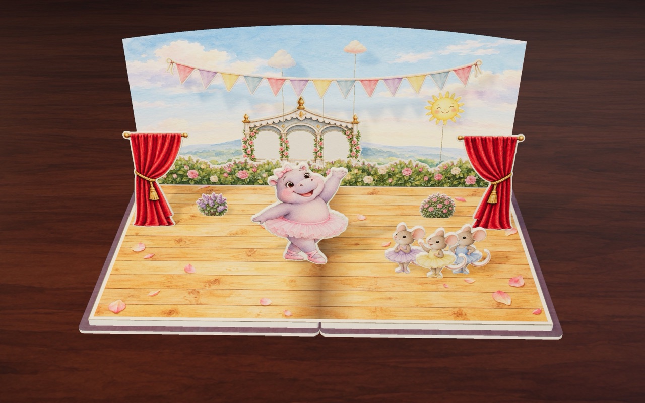 Hattie the hippo twirls her own way on the park stage in Twirl, Hippo, Twirl.