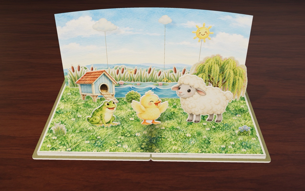 Dot, Frog and Sheep by the pond on a sunny day.