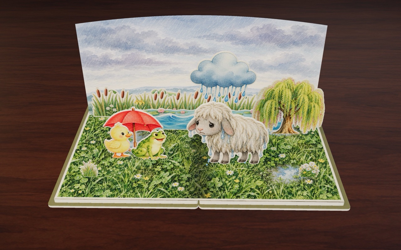 A rain cloud pours on Sheep while Dot and Frog stay under a red umbrella, in Wet Duck, Dry Duck.