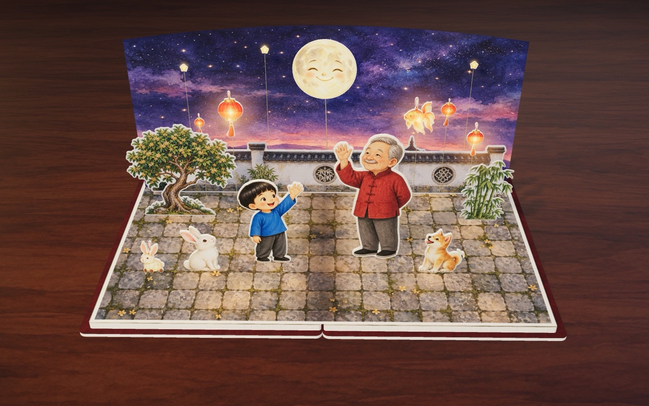 Lanterns glow and the whole moon smiles at Tao, Grandpa, Rabbit and Dog.