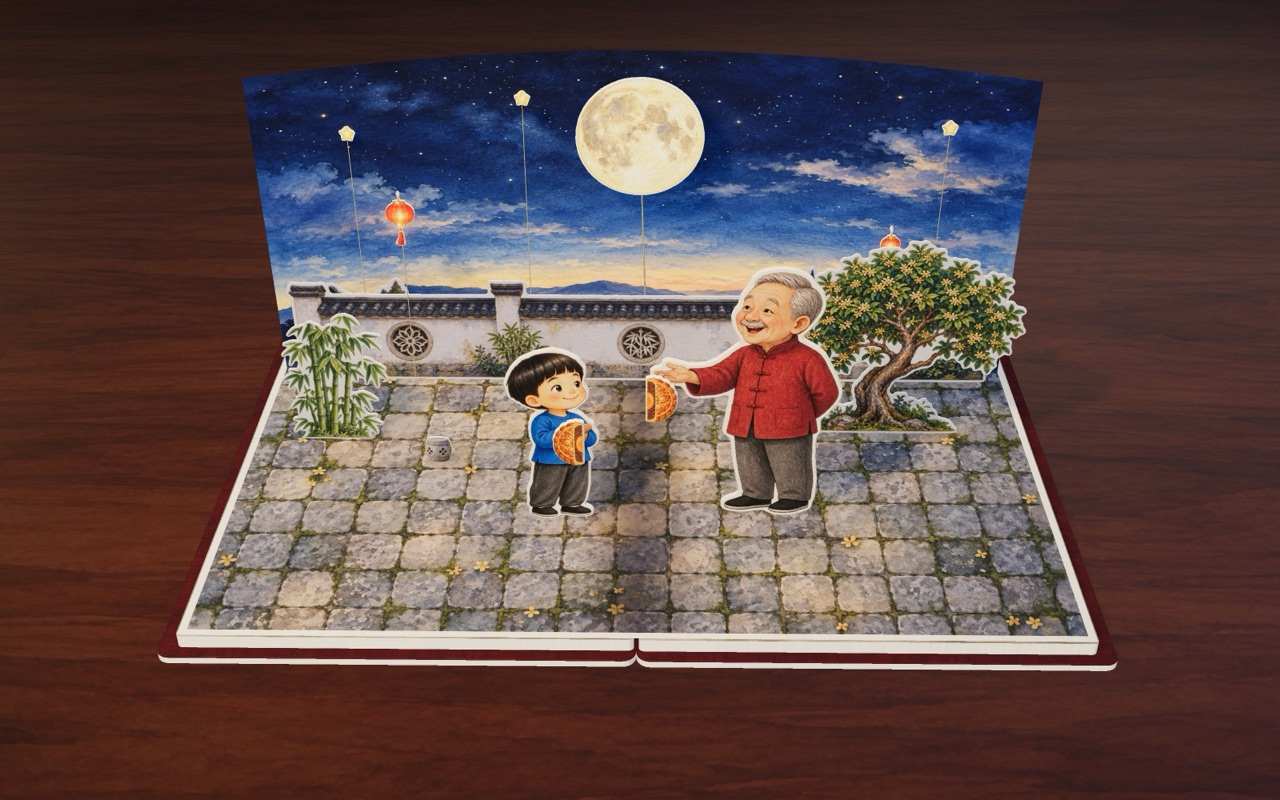 Tao gives half of his mooncake to Grandpa under the Mid-Autumn moon in Half a Mooncake.