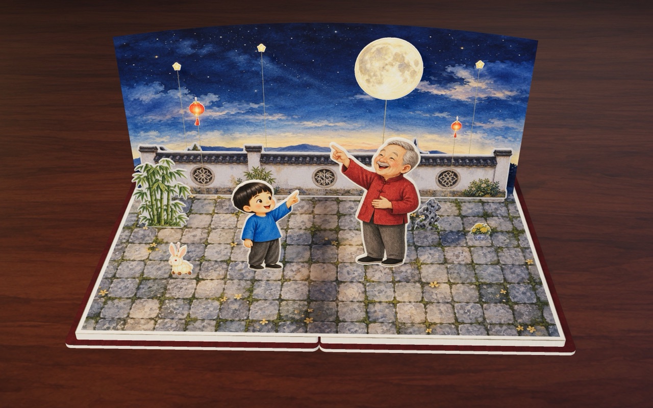 Tao and Grandpa point up at the whole round moon over the courtyard.