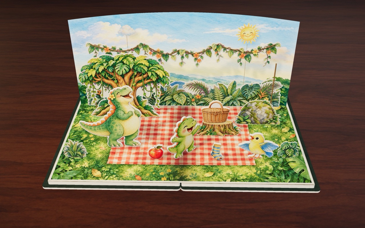 Dino、恐龙妈妈和小黄鸟在阳光下的丛林空地上野餐。